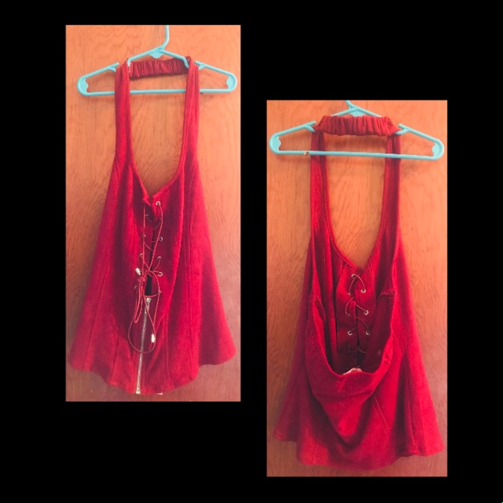 Lydia Red Suede Sexy Halter Top Size LARGE
